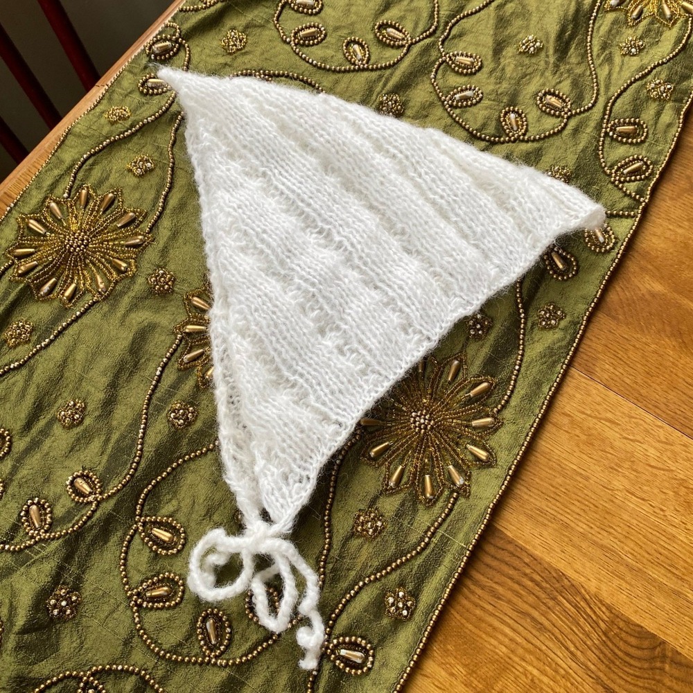 Pointelle Cable Knit White Kerchief Pixie‎ Bonnet Cap Cottage Fairy Trad Femme